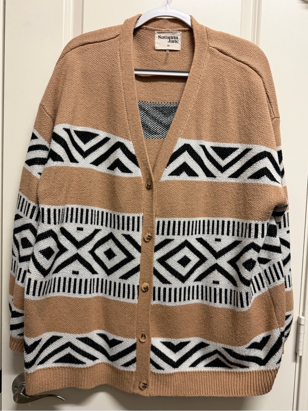 Savanna Jane Tan Black White Geometric Button-Up Cardigan